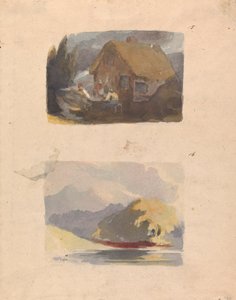 Deux dessins sur une feuille : Cottage avec figures devant (n° 15) ; Paysage avec rivière et montagnes - Soleil (n° 16) - Thomas Sully