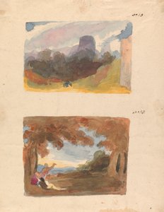 Deux dessins sur une feuille : Paysage avec château - manière moderne (n° 13) ; Paysage avec personnages au premier plan (n° 14) - Thomas Sully
