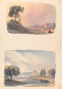 Deux dessins sur une feuille : Paysage avec montagnes au loin et figures assises au premier plan (n° 1) ; Paysage avec rivière et bâtiment, montagnes au loin (n° 2) - Thomas Sully