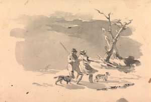 Deux chasseurs et deux chiens en scène d