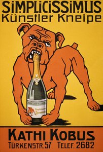 Affiche vintage de bulldog mordant une bouteille de champagne