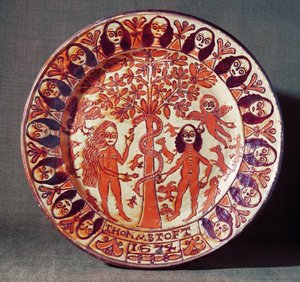 Plat en faïence Adam et Ève, North Staffordshire, 1674