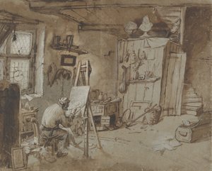 Un peintre au travail dans son atelier