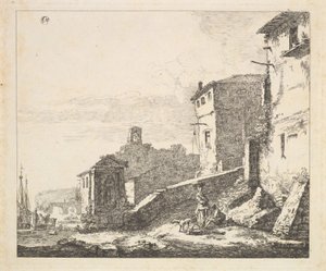 Scène de village avec une femme debout à côté d