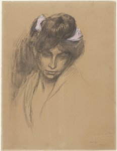 Jeune fille sombre, regardant vers le bas, avec un ruban violet dans les cheveux - Théophile Alexandre Steinlen