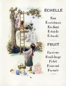 Lettres E et F représentant des enfants faisant cuire des oranges, fin 19e siècle (chromolithographie)