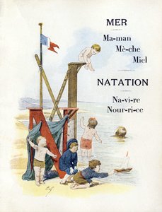 Lettres M et N représentant des enfants à la plage, fin du XIXe siècle