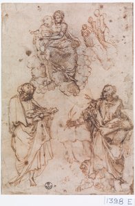 Madone et enfant assis sur des nuages avec des saints ou des apôtres - Titian (c.1488 1576)
