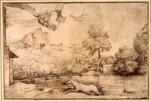 Paysage : un cheval sans cavalier poursuivi par un serpent - Titian (c.1488 1576)
