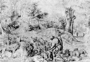 Paysage avec berger et troupeau, c1520