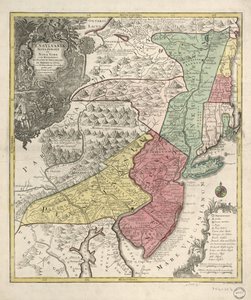 Relief montré picturalement. Couvre également la Nouvelle-Angleterre (déformée) et la région nord de la baie de Chesapeake. Titre en latin; notes en allemand et latin; légende en latin, allemand et anglais. Méridien non identifié. Provinces indiquées par d