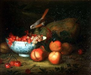 Nature morte de fruits avec un pinson