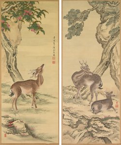 Symboles de longévité : Cerf sous pêche et pin - Toda Tadanaka