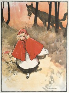 Le petit chaperon rouge se rendant chez sa grand-mère est observé par un loup sinistre et lubrique. Illustration de Tom Browne (1872-1910) pour le conte de fées. Publié en 1900