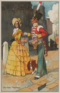 Soldat et femme en robe géorgienne : publicité pour le savon Sunlight (lithographie en couleur)