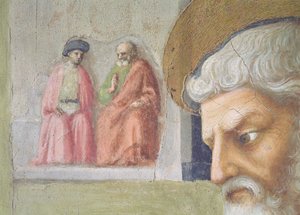 Saint Pierre guérissant un infirme et la résurrection de Tabitha, détail de la tête de Saint Pierre avec deux figures assises au loin (détail) - Tommaso Masolino da Panicale