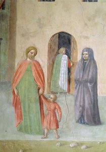 Saint Pierre guérissant un infirme et la résurrection de Tabitha : détail des figures lointaines : nonne et mère avec enfant (détail)