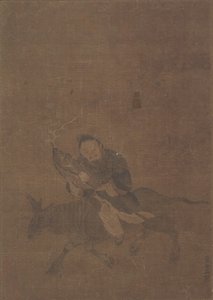 Daoïste chevauchant un animal cornu