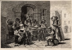 Le marchand de macaroni, dessin de Bergue, pour illustrer Naples et les Napolitains, en 1861, par Marc Monnier (1829-1885). Gravure dans « Le tour du monde » 1861. Collection Selva.