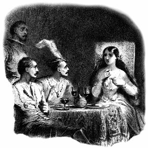 Une jeune femme et trois hommes debout devant des verres de vin - Détail d