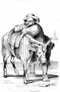 Sancho Panza, écuyer de Don Quichotte et son âne. Illustration du roman de Cervantes publié en France en 1845 par Dubochet & Cie, traduction de Louis Viardot, gravures de Tony Johannot