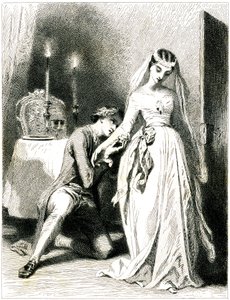 Amant soupirant aux pieds de sa belle dans un intérieur éclairé à la bougie - fille en robe et coiffure romantiques - gravure (eau-forte 1845) par Tony Johannot (Antoine Johannot dit - Tony Johannot