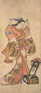Sanjo Kantaro en tant que femme arrangeant ses cheveux devant un miroir laqué, avant 1763 - Torii Kiyomasu II.