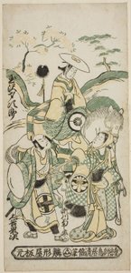 Les Acteurs Tamazawa Saijiro I comme Ushiwakamaru, Segawa Kikunojo I comme Oroku, et Otani Oniji I comme Matano Goro dans la pièce "Sazareishi Suehiro Genji," jouée au Théâtre Nakamura en janvier 1744 - Torii Kiyomasu II