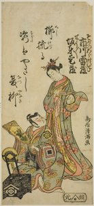 Les acteurs Bando Aizo dans le rôle de la courtisane Kewaizaka no Shosho et Ichikawa Raizo I dans le rôle de Soga no Goro dans la pièce "Satsuki Matsu Unohana Soga", jouée au théâtre Morita le quatrième mois, 1766.