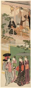 Un colporteur de ventilateurs passant sous un balcon - Torii Kiyonaga