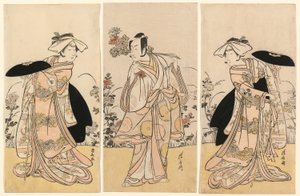 Bando Mitsugoro II en tant que Tennen no Mansaku-kitsune et Ichikawa Monnosuke III en tant que Nikaido Shinanonosuke et Iwai Hanshiro IV en tant que Okura no Kojoro-kitsune dans la scène du drame Moto Mishi Yuki Sakae Hachi-no-ki - Torii Kiyonaga