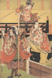 Sur un balcon, une femme est assise jouant du tsuzumi, en dessous un homme en costume de daimyo est en mer, vers 1790 - Torii Kiyonaga
