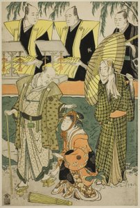 Les acteurs Bando Matakuro IV en Chubei, Osagawa Tsuneyo II en Umegawa, et Nakamura Katsugoro en Magoemon, dans la pièce "Keisei Koibikyaku," jouée au théâtre Morita en mai 1783 - Torii Kiyonaga