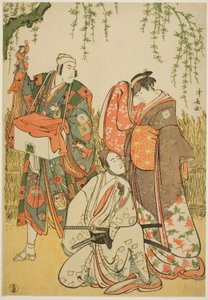 Les acteurs Ichikawa Yaozo III en Shiragiku, Ichikawa Danjuro V en marionnettiste Dekurokubei, et Sawamura Sojuro III en Soga no Juro, dans le joruri "Shinobukoi Yanagi no Katsura Otoko", joué au Théâtre Nakamura en janvier 1785