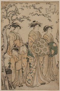 La courtisane Senzan de Chojiya se promenant avec ses Kamuro Yasono et Yasoji et deux Shinzo, 1786