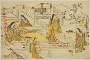 La première calligraphie de la nouvelle année (Kissho hajime), du livre illustré "Couleurs de la triple aube (Saishiki mitsu no asa)" - Torii Kiyonaga