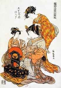 Femme devant un miroir se faisant coiffer, estampe ukiyo-e de Torii Kiyonaga