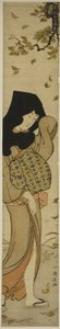 Femme avec capuche noire dans des feuilles emportées par le vent, de la série "Douze scènes de coutumes populaires" - Torii Kiyonaga