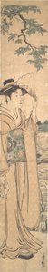 Femme avec éventail sur les rives de la rivière Sumida