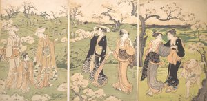 Jeunes filles regardant les cerisiers en fleurs à Asukayama - Torii Kiyonaga
