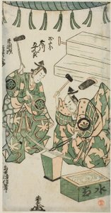Les acteurs Fujikawa Heikuro en tant que Masamune et Matsushima Kichisaburo en tant que Rai Kunitsugu dans la pièce "Shin Usuyuki Monogatari", jouée au théâtre Nakamura en juin 1746