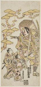 Les acteurs Ichikawa Ebizo II comme Musashibo Benkei, Sakata Shintaro (?) comme Soga no Goro, et Takigawa Kinya (?) comme Soga no Juro dans la pièce "Sazareishi Suehiro Genji," jouée au Théâtre Nakamura au premier mois, 1744