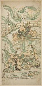 Les acteurs Matsumoto Koshiro II comme Kumasaka Chohan, Ichimura Kamezo I comme Ise no Saburo, et Sanogawa Ichimatsu I comme Ushiwakamaru dans la pièce "Hatsu Tora Kurama Genji," jouée au théâtre Ichimura en janvier 1749 - Torii Kiyonobu II