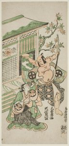 Les acteurs Segawa Kikujiro I dans le rôle de Karumo, la femme de Nobutsura, et Otani Oniji I dans le rôle de Tahara Matataro dans la pièce "Shusse Momijigari", jouée au théâtre Ichimura le onzième mois de l