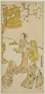 Les acteurs Segawa Kikunojo II, Ichikawa Komazo II et Arashi Otohachi I dans la pièce "Fude Hajime Soga no Tamazusa," jouée au théâtre Nakamura en janvier 1768 - Torii Kiyotsune