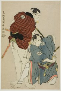 Les acteurs Ichikawa Omezo I (R) comme Tomita Hyotaro et Otani Oniji III (L) comme Kawashima Jibugoro