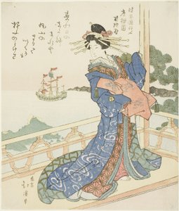 Courtisane regardant un navire étranger depuis un balcon - Totoya Hokkei