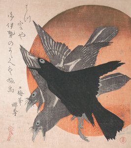 Trois corbeaux contre le soleil levant, de la série Trois feuilles Mihira no uchi, milieu des années 1810 - Totoya Hokkei
