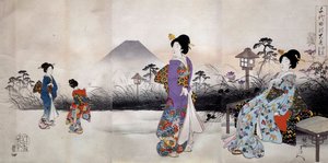 Femmes japonaises marchant devant le mont Fuji Estampe japonaise de Toyohara Chikanobu (1838-1912) 1896 Collection privée