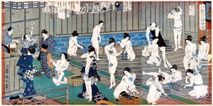 Scène de maison de bain, une estampe de Toyohara Kunichika, 19e siècle